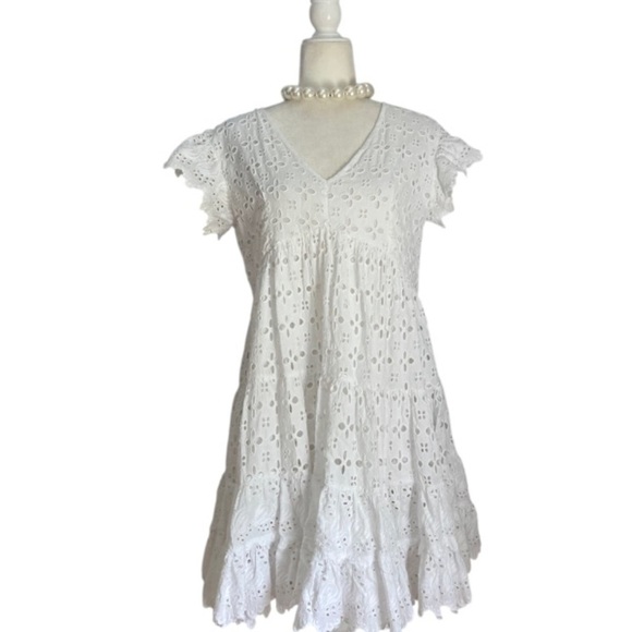 Place National Lace Eyelet Babydoll Mini Dress V Neck Tiered Ruffle Cottagecore - Picture 9 of 9